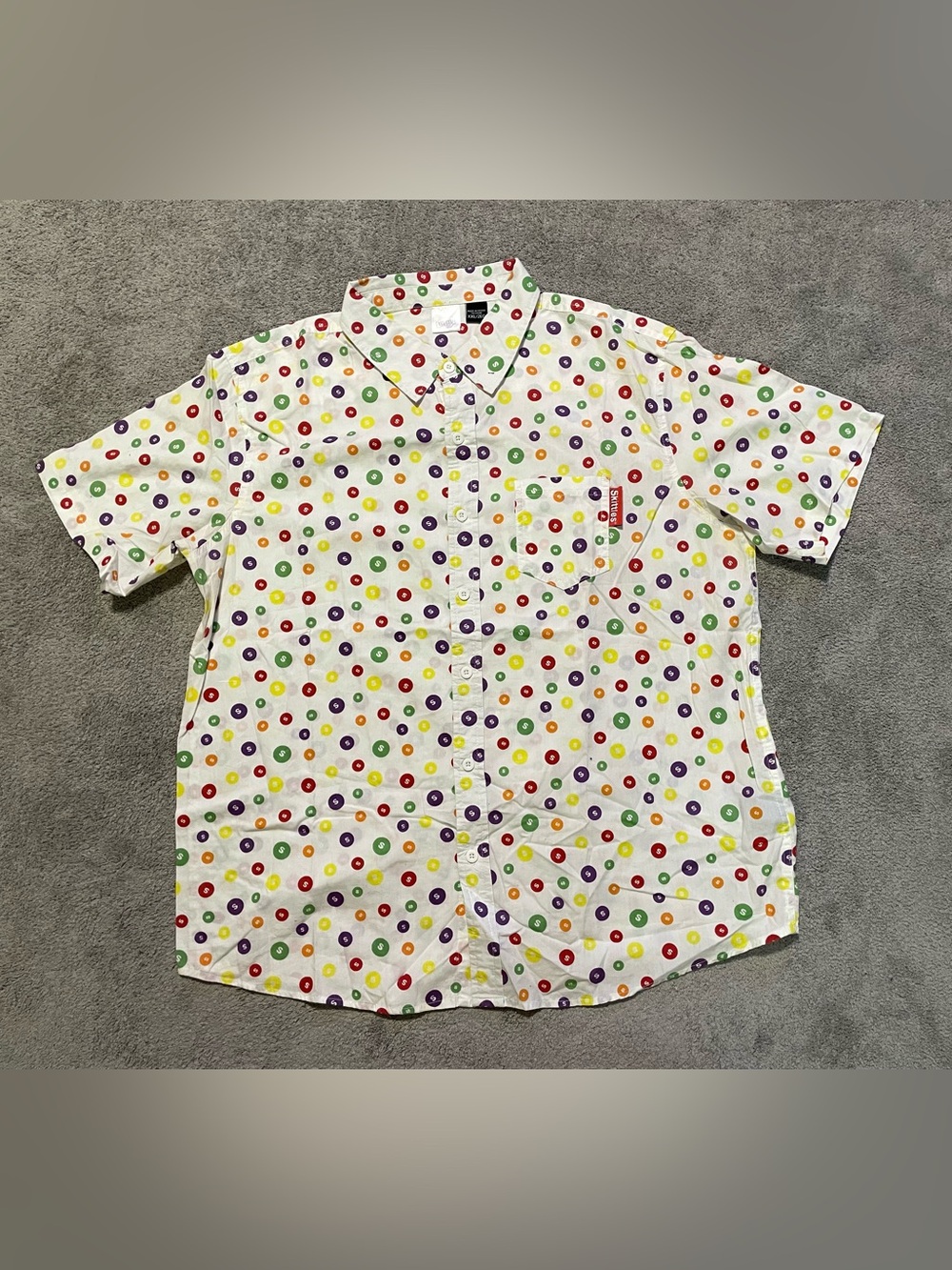 Vintage Y2K Skittles All Over Print Button Up Shirt Men’s XXL White 100% Cotton